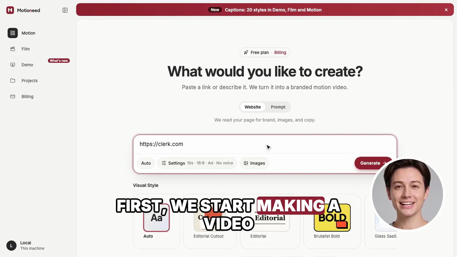 The middle of a Creator Demo: the product page full screen, the presenter in the bottom-right corner, captions kept clear of the corner