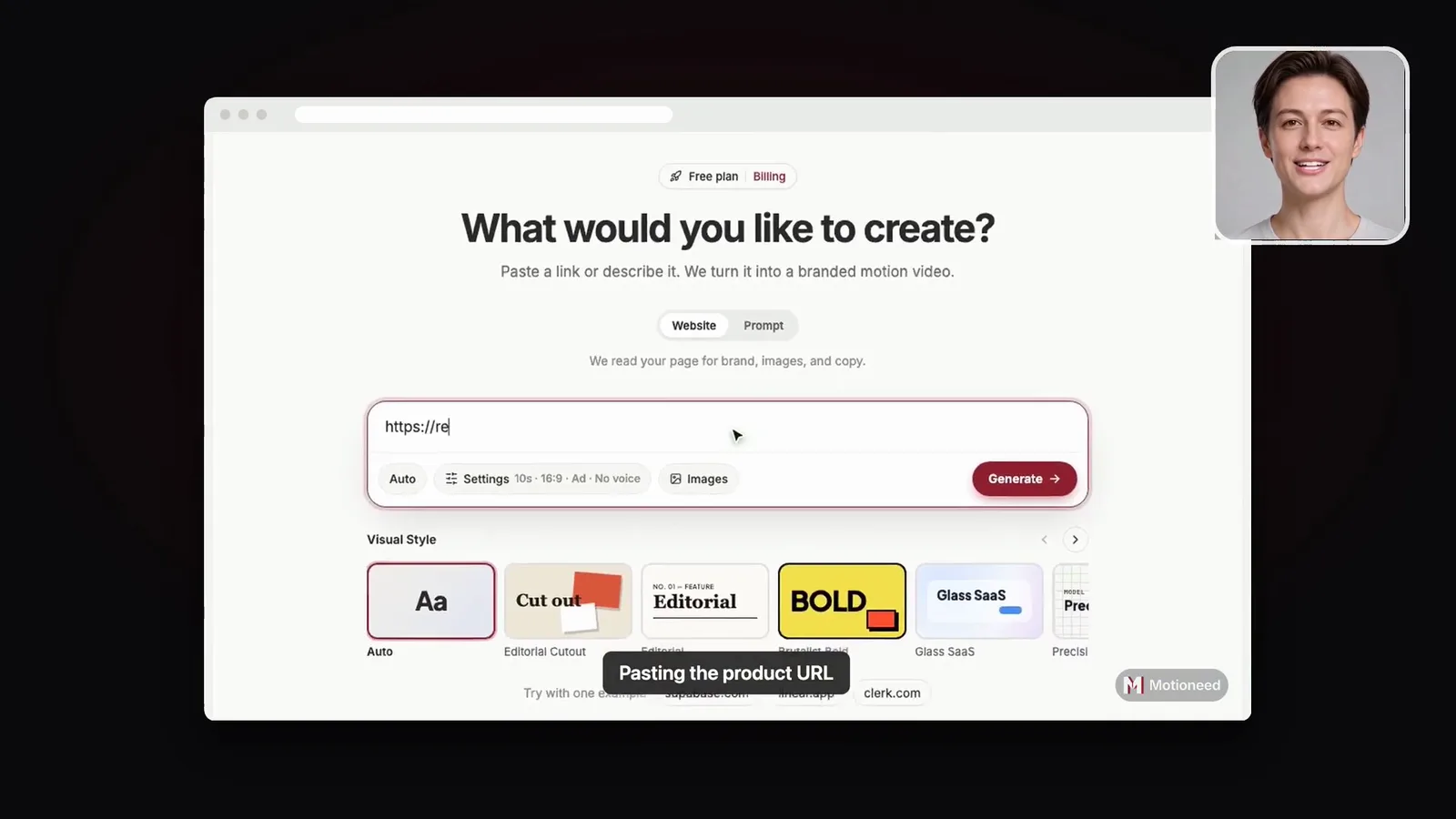The middle of a Keynote Demo: the product page in a floating browser window on a dark stage, the presenter in a square in the top-right corner