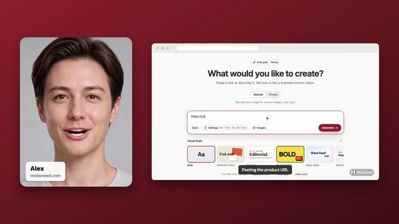 A Studio-style Motioneed Demo: the presenter on a card with a name tag on the left, the product page in a browser window on the right, on a brand-colored background