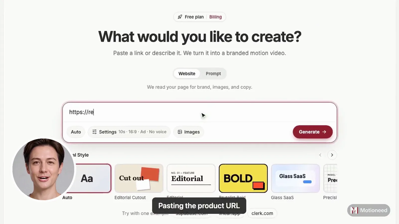 A Walkthrough-style Motioneed Demo: the product page fills the frame, a round presenter sits in the bottom-left corner, and a caption names the step being done