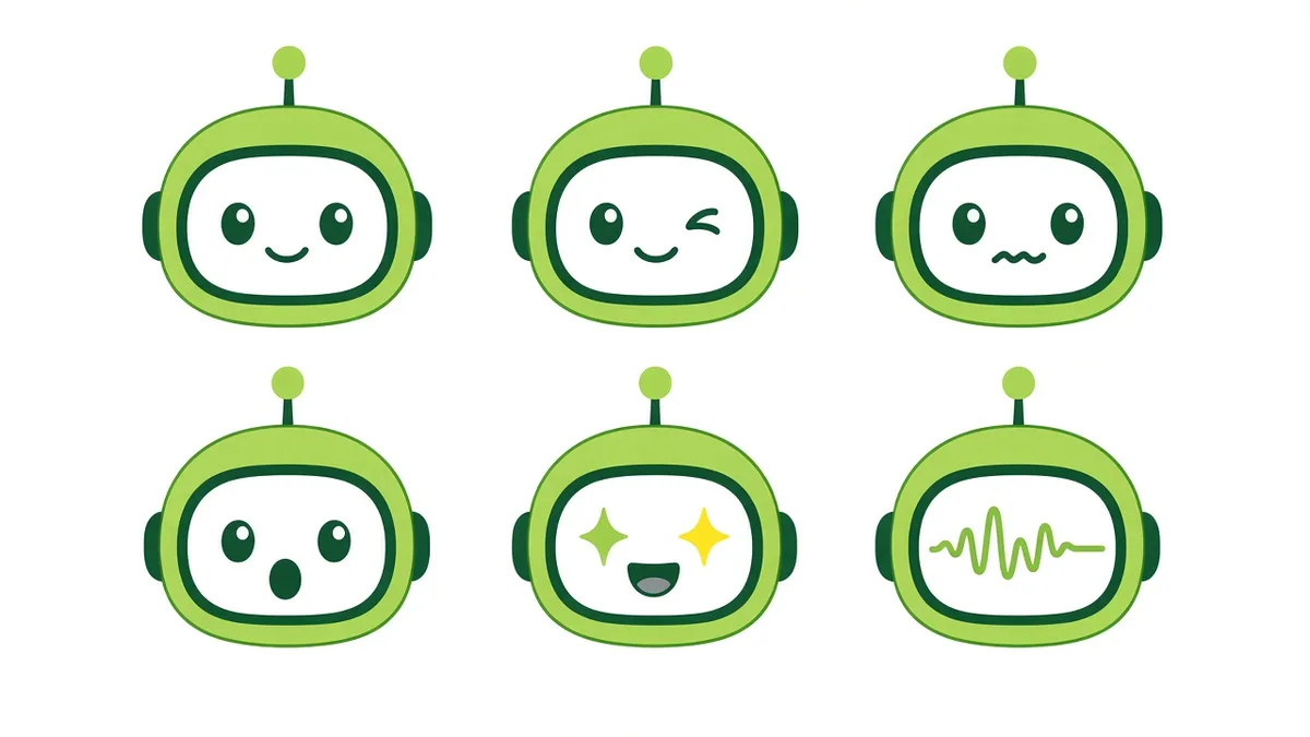 Mote's six screen-face expressions: happy, wink, unsure, surprised, excited with star eyes, and talking with a voice waveform