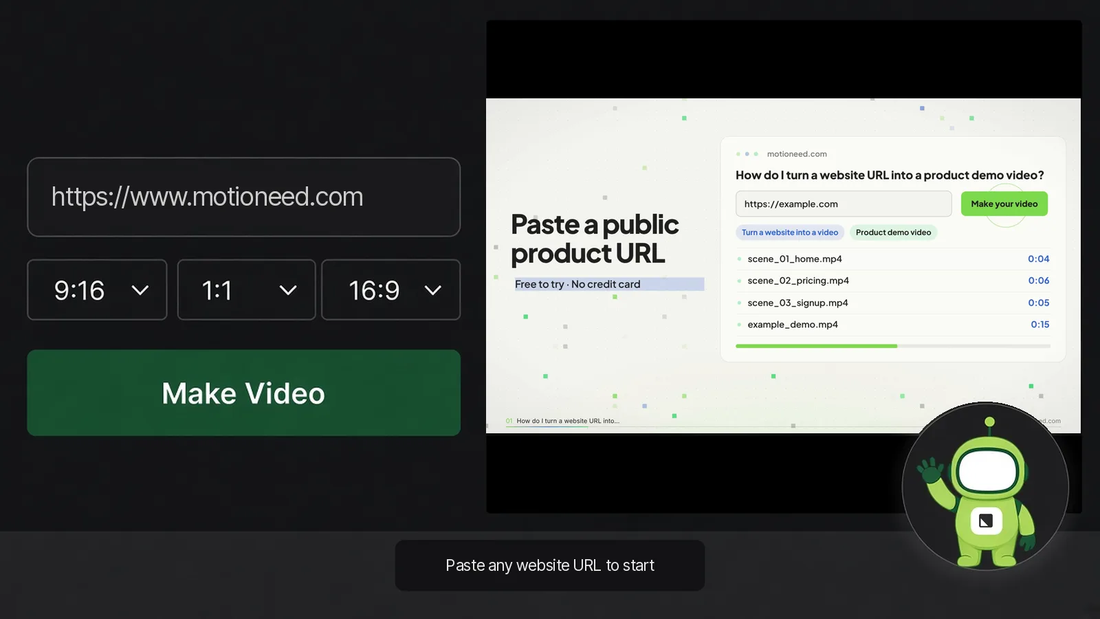 Mockup of a Motioneed screen-recording tutorial: a URL field and a green Make Video button fill the frame, with Mote small in the bottom-right corner, its screen showing a voice waveform