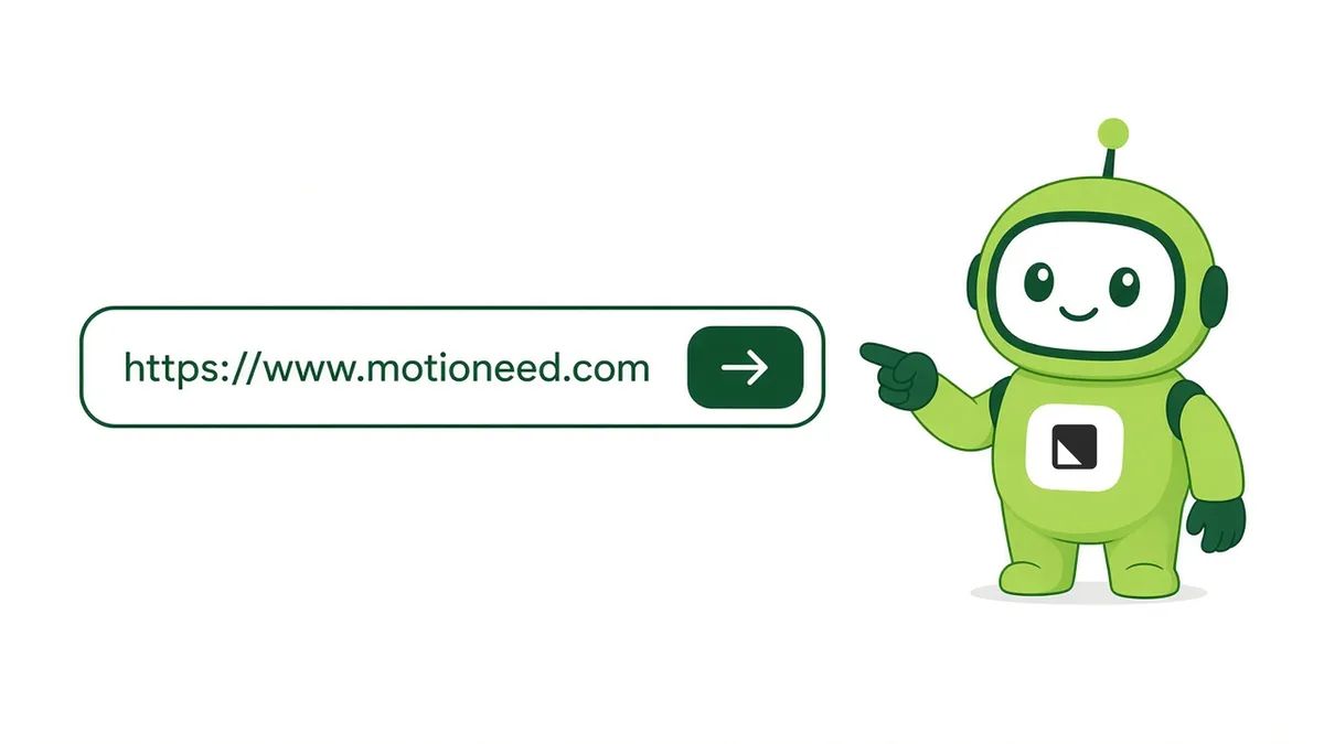 Mote pointing at a URL input field with a green arrow button, illustrating the first step of URL to video