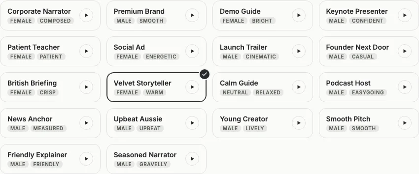 The narration voice picker in Motioneed Motion's Settings: 18 voice cards in four columns, each with a name, a gender and tone tag and a play button